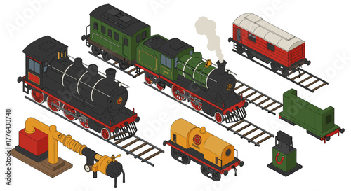 Vintage train set with steam engines and railway accessories in isometric style