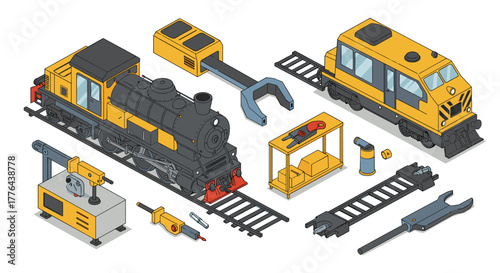 Isometric train set assembly with tools and components in yellow and gray
