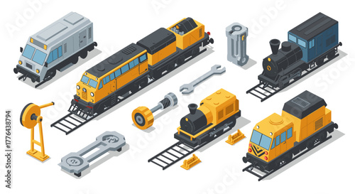 Isometric train components featuring locomotives and railway equipment