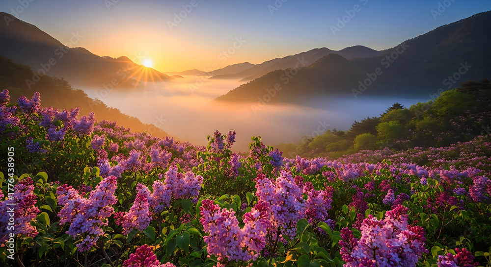 Obraz premium Sunrise over misty mountain valley