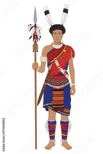 Hornbill Festival Vector Illustration. Traditional Naga Warrior Holding Rifle in Colorful Tribal Attire with Feather Headdress, Cultural Celebration of Nagaland, India, Folk Heritage, and Festival.