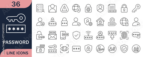 Password and security line icon set, Showing login, lock, privacy, fingerprint, and protection symbols. Perfect for web, app, and data safety design projects.