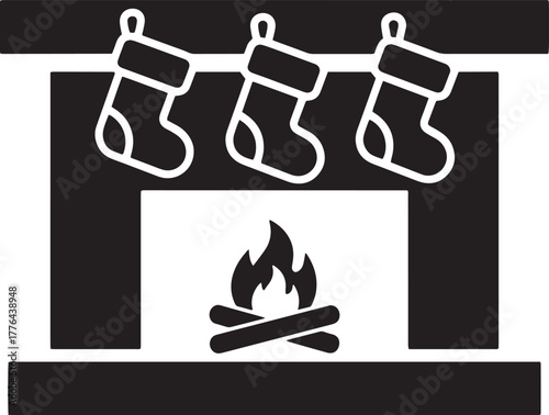 A black and white illustration of a fireplace with three stockings hanging from the mantle.