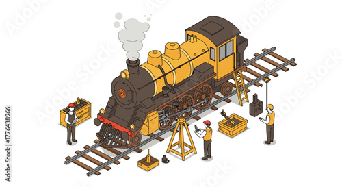 Vintage steam train in isometric style with engineers and track elements