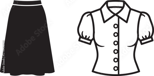 Minimalist Black Skirt and White Blouse Vector Fashion Icons
