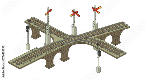 Isometric railway crossing with elevated tracks and signal lights