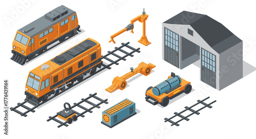 Isometric railway workshop with trains and maintenance tools