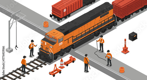 Isometric train crossing with workers and cargo in a detailed industrial scene