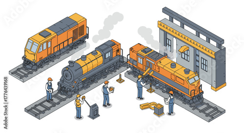 Isometric railroad maintenance scene with engineers and trains