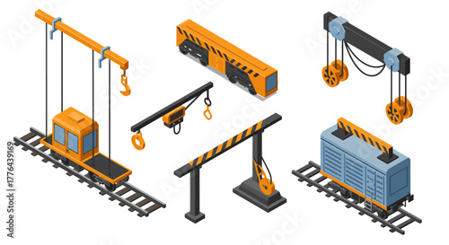 Industrial railway components and machinery set in isometric design