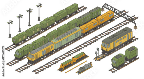 Isometric train yard with colorful engines and railcars