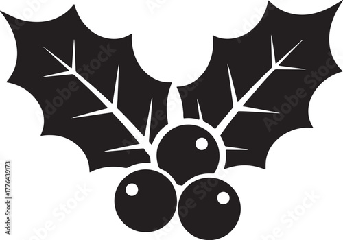 A black and white illustration of a Christmas mistletoe with berries.