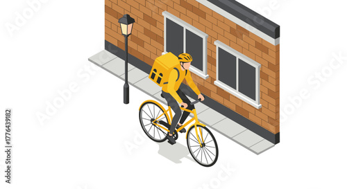 Urban cyclist with backpack rides along brick building in isometric style