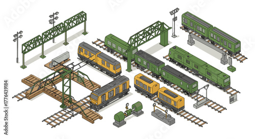 Isometric train set with tracks and station elements in green and yellow