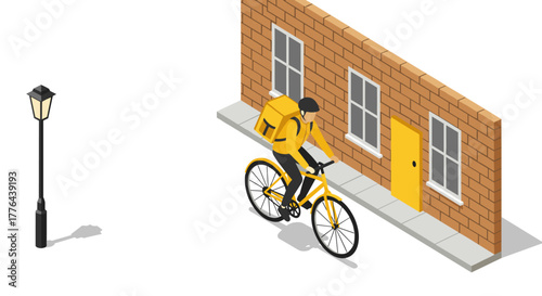 Isometric urban delivery cyclist near brick building and street lamp