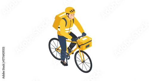 Delivery rider on yellow bicycle in isometric style