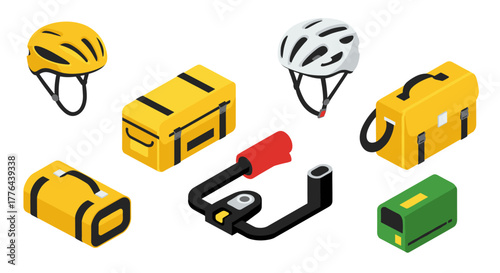 Isometric bicycle accessories: helmet, lock, bags, and more in bold colors