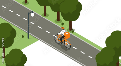 Isometric cyclist on urban bike path with trees and street light