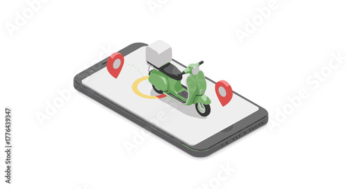 3d isometric concept of scooter delivery on smartphone screen with location pins