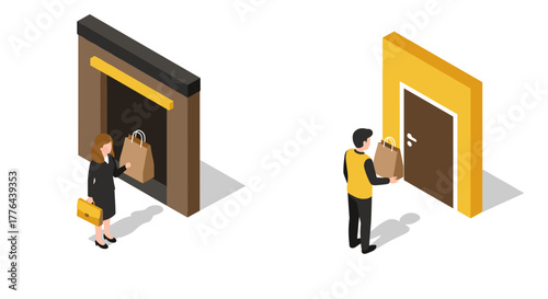 Isometric online shopping and delivery concept with customers and packages