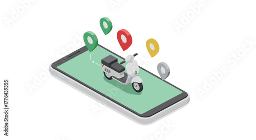Scooter delivery service concept with 3d smartphone and location pins