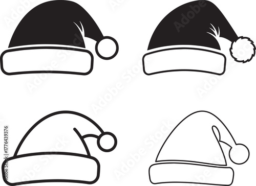 Four black and white Santa hats with pom-poms on a white background.