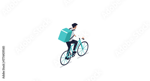 Isometric cyclist with delivery backpack on bicycle: urban transportation concept