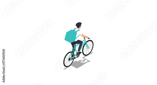 Isometric bicycle delivery courier with backpack in motion