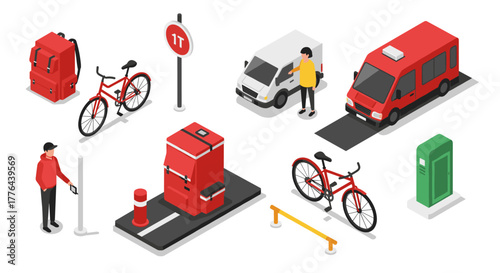 Urban transportation and delivery isometric design with bicycles, vans, and bollards