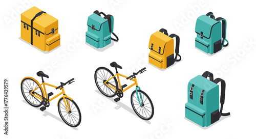 Isometric design of backpacks and bicycles in yellow and teal