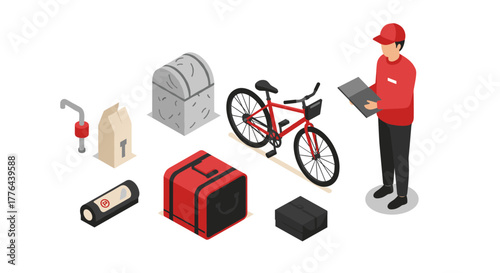 Isometric delivery concept with bicycle and courier services