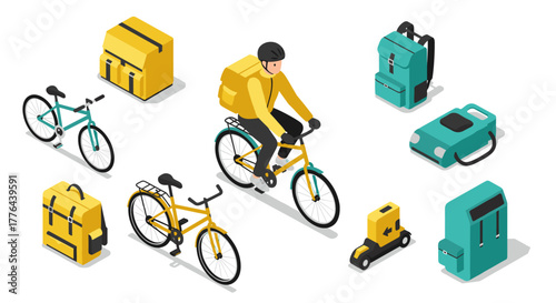 Isometric bicycle commuting with delivery gear and backpacks in urban setting