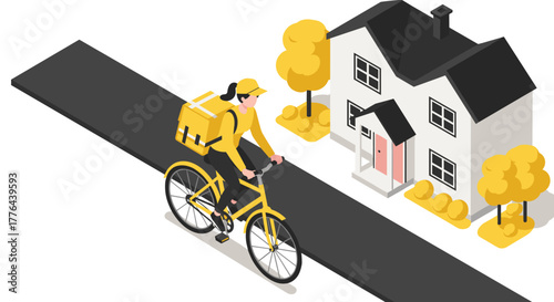 Isometric urban delivery: cyclist with backpack near modern house