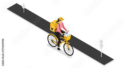 Isometric delivery cyclist on urban road with yellow backpack and cap