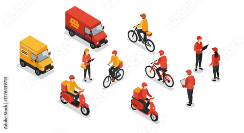 Isometric urban delivery team: courier bikes, scooters, and vans in red and yellow