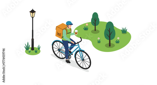 Courier cyclist enjoying coffee break in urban park setting