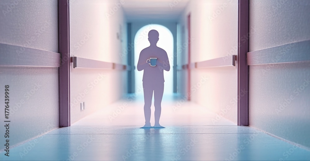 Fototapeta premium Person stands within long corridor. Soft lighting creates surreal, dreamlike atmosphere. Minimalist design emphasizes depth, isolation.