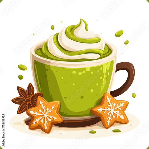 Vector illustration of a warm green matcha latte with whipped cream and ginger cookies, isolated on a white background. Vector illustration of winter beverage