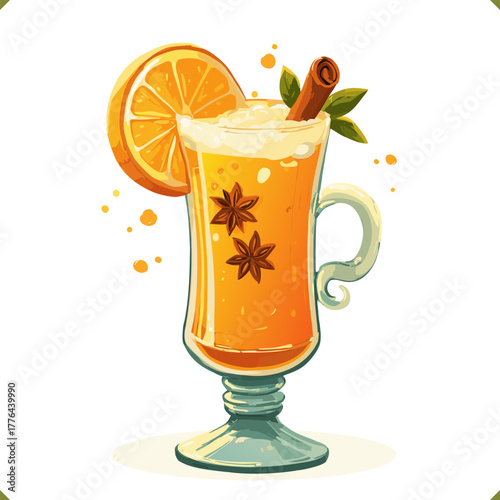 Vector illustration of a tall glass of mulled orange drink with cinnamon stick, star anise and slice of citrus, isolated on a white background. Vector illustration of winter beverage