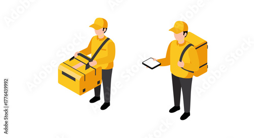 Isometric delivery person with packages and tablet in yellow uniform