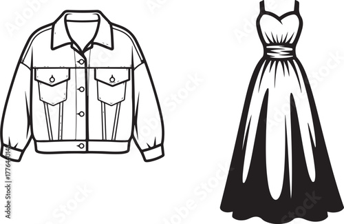 Vector Fashion Clothing Illustrations: Jacket Line Art, Elegant Dress Silhouette