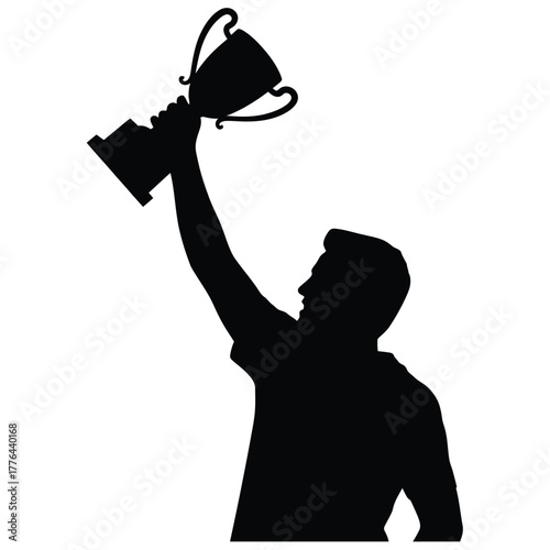 Silhouette of a triumphant athlete holding a trophy high