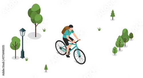 Isometric cyclist in park landscape with trees and lamppost