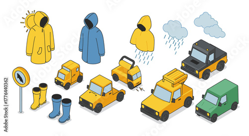 Isometric rainy day elements with vehicles and outerwear in vibrant colors