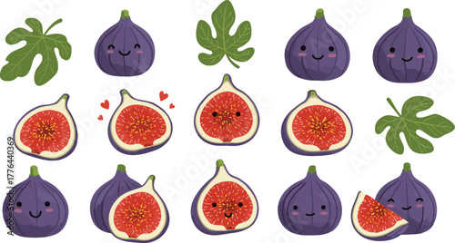 Cute cartoon figs and fig leaves, smiling fruit characters, halved fig slices with hearts, botanical illustration, healthy food, vegetarian, organic design