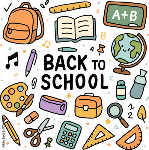 Back to school doodle with colorful supplies, books and globe, perfect for educational posters, classroom decor
