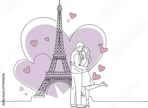 Romantic couple kissing in Paris, Eiffel Tower love scene, Valentine’s day embrace, purple heart background, sketch style vector illustration