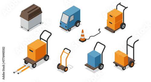 Isometric delivery and warehouse equipment icons for logistics and transportation
