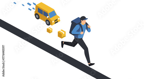 Isometric delivery concept with courier and yellow van on white background