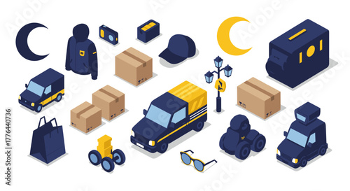 Flat isometric delivery icons set with vehicles, packages, and apparel